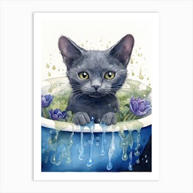 Russian Blue Cat In Bathtub Botanical Bathroom 3 Art Print