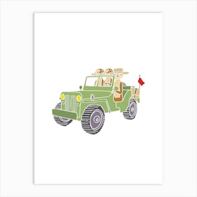 Meerkats In Landrover Defender Jeep, Fun Safari Animal Print, Portrait Art Print