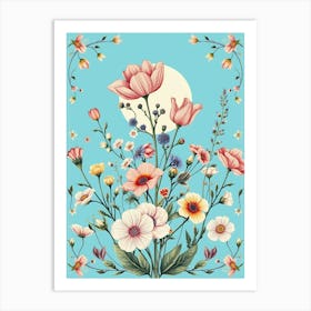 Flowers On A Blue Background Art Print