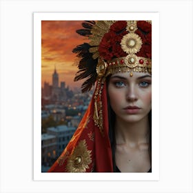 Russian Woman In Traditional Costume At Sunset Art Print