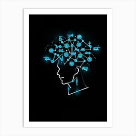 Abstract Concept Art Of A Silhouetted Head Outlined Against A Backdrop Of Light Bulbs And Gears Sym (1) Art Print