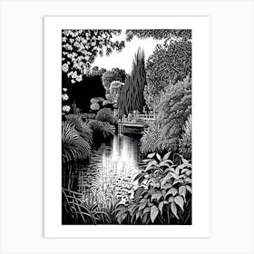 Claude Monet Foundation Gardens, France Linocut Black And White Vintage Art Print