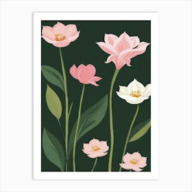 Pink Flowers On Green Background Art Print