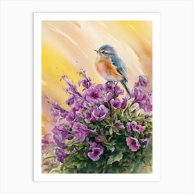 Bluebird On Purple Flowers Art Print