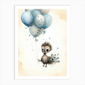 Baby Peacock Flying With Ballons, Watercolour Nursery Art 4 Art Print