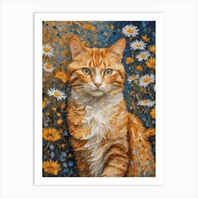 Klimt Style Ginger Tuxedo Orange Tabby Cat in Colorful Garden Flowers Meadow Gold Leaf Painting - Gustav Klimt and Monet Inspired Textured Acrylic Palette Knife Art Daisies Poppies Amongst Wildflowers at Night Beautiful HD High Resolution Art Print