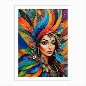 Colorful Woman With Feathers Art Print