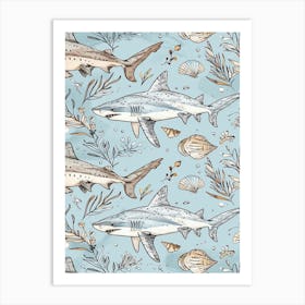 Pastel Blue Goblin Shark Watercolour Seascape Pattern 3 Art Print