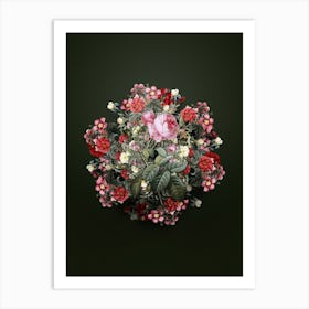 Vintage Pink Cabbage Rose de Mai Flower Wreath on Olive Green n.1512 Art Print