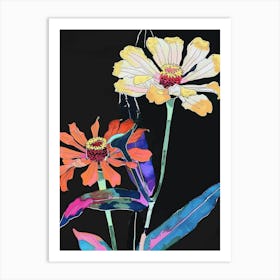 Neon Flowers On Black Zinnia 1 Art Print