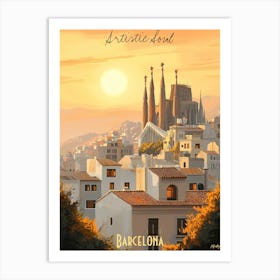 Barcelona, minimalist soft tones palette, watercolor poster Art Print