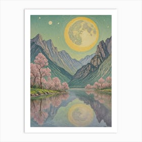 Giant Full Moon And Cherry Blossoms Art Print