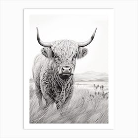 Black & White Illustration Of Highland Cow With Long Grass Art Print