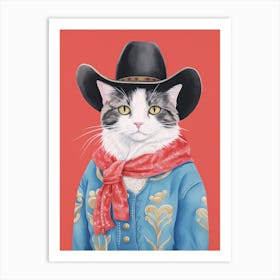 Cowboy Black And White Cat Quirky Western Print Pet Decor 3 Art Print