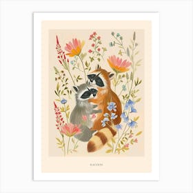 Folksy Floral Animal Drawing Racoon Poster Art Print