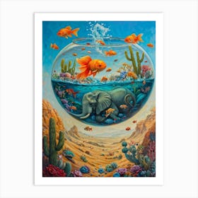 Hyper Realistic Painting Of A Colossal Fishbowl Containing An Elephant Sized Goldfish Swimming Amids Art Print