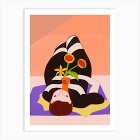 Woman Chilling On The Floor Holding Flowers Art Print