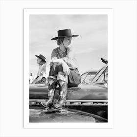 Cowgirl Sitting On Car Hood, Western Aesthetic, Vintage Black and White Old Photo Poster