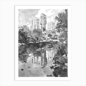 Laguna Gloria Austin Texas Black And White Watercolour 2 Art Print