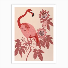 American Flamingo And Passionflowers Minimalist Illustration 2 Art Print