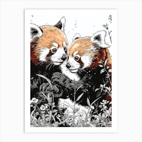 Red Panda Playing Together In A Meadow Ink Illustration 4 Art Print