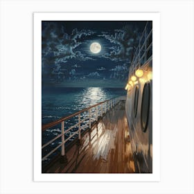 Anime Canvas Art: Moonlit Ship Deck with Calm Ocean Reflections, Perfect for Lofi Aesthetic and Serene Night Scene Lovers. Art Print