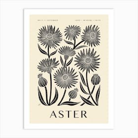 Rustic September Birth Flower Aster Black Cream Art Print