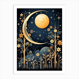 Crescent Moon Full Moon And Stylized Floral Landscape At Night Art Print