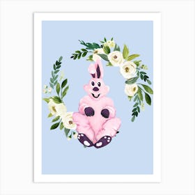 Pink Bunny And Flower Wreath Art Print