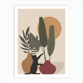 Vintage minimal art Cat And Plants 1 Art Print