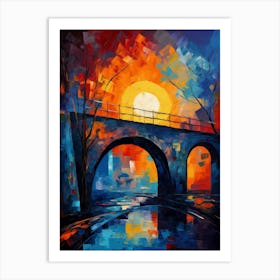 Sunset Stone Bridge, Abstract Vibrant Colorful Painting in Van Gogh Style Art Print