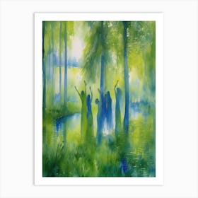 Dryads Optical Illusion Women Nymphs Trapped in the Woods Camouflaged Watercolor Awaiting a Victim Wailing Sirens - Interesting Impressionism Green Blue Birch and Willow Tree Forest and Lake - Pagan Feature Gallery Wall Siren Calling HD 2 Art Print