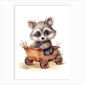 Baby Raccoon On A Toy Car, Watercolour Nursery 0 Art Print