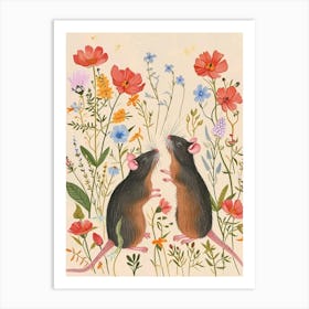 Folksy Floral Animal Drawing Mouse 4 Art Print