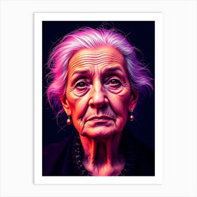 Portrait Of An Old Woman in Neon Light Art Print