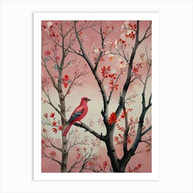 Red Bird In Cherry Blossoms 1 Art Print