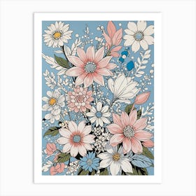 Pink & Blue Floral Bouquet no2 Art Print