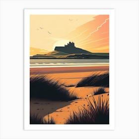 Bamburgh Castle In The Sunset- Retro Landscape Beach and Coastal Theme Travel Poster Art Print