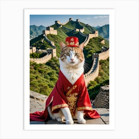 Paws and Selfies A Cat's Journey Great Wall Cat Art Print