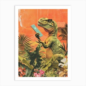 Dinosaur Holding A Smart Phone Retro Collage Art Print