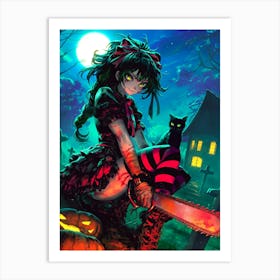 Halloween Goth Girl Chainsaw 1 Art Print