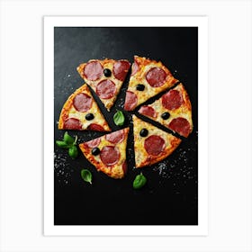 Pizza with salami — Food kitchen poster/blackboard, photo art Art Print