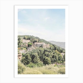 Florence, Italy I Tuscan landscape at Fiesole with mountains and cypresses, as near Milan or Rome in greenery nature with retro vintage pastel summer aesthetic photography of italian countryside old villages Art Print