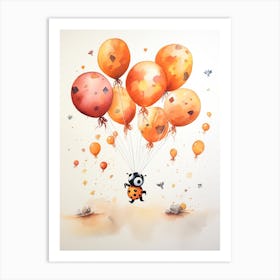 Ladybug Flying With Autumn Fall Pumpkins And Balloons Watercolour Nursery 1 Art Print