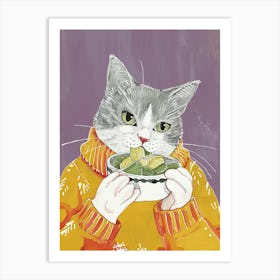 Grey Cat Eating Salad Folk Illustration 2 Art Print