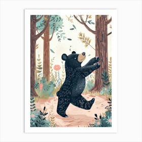 American Black Bear Dancing In The Woods Storybook Illustration 2 Art Print