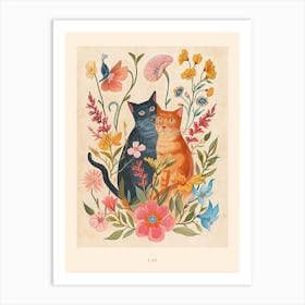 Folksy Floral Animal Drawing Cat 11 Poster Art Print