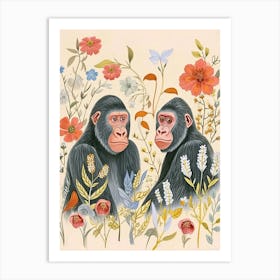 Folksy Floral Animal Drawing Gorilla 2 Art Print