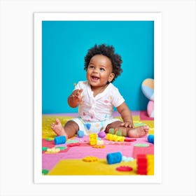 A Joyful Infant Engaging In Playful Interactions Surrounded By A Plethora Of Vivid Scattered Colo (6) Art Print