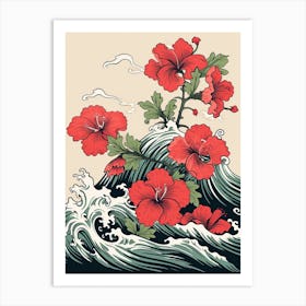 Great Wave With Geranium Flower Drawing In The Style Of Ukiyo E 4 Art Print